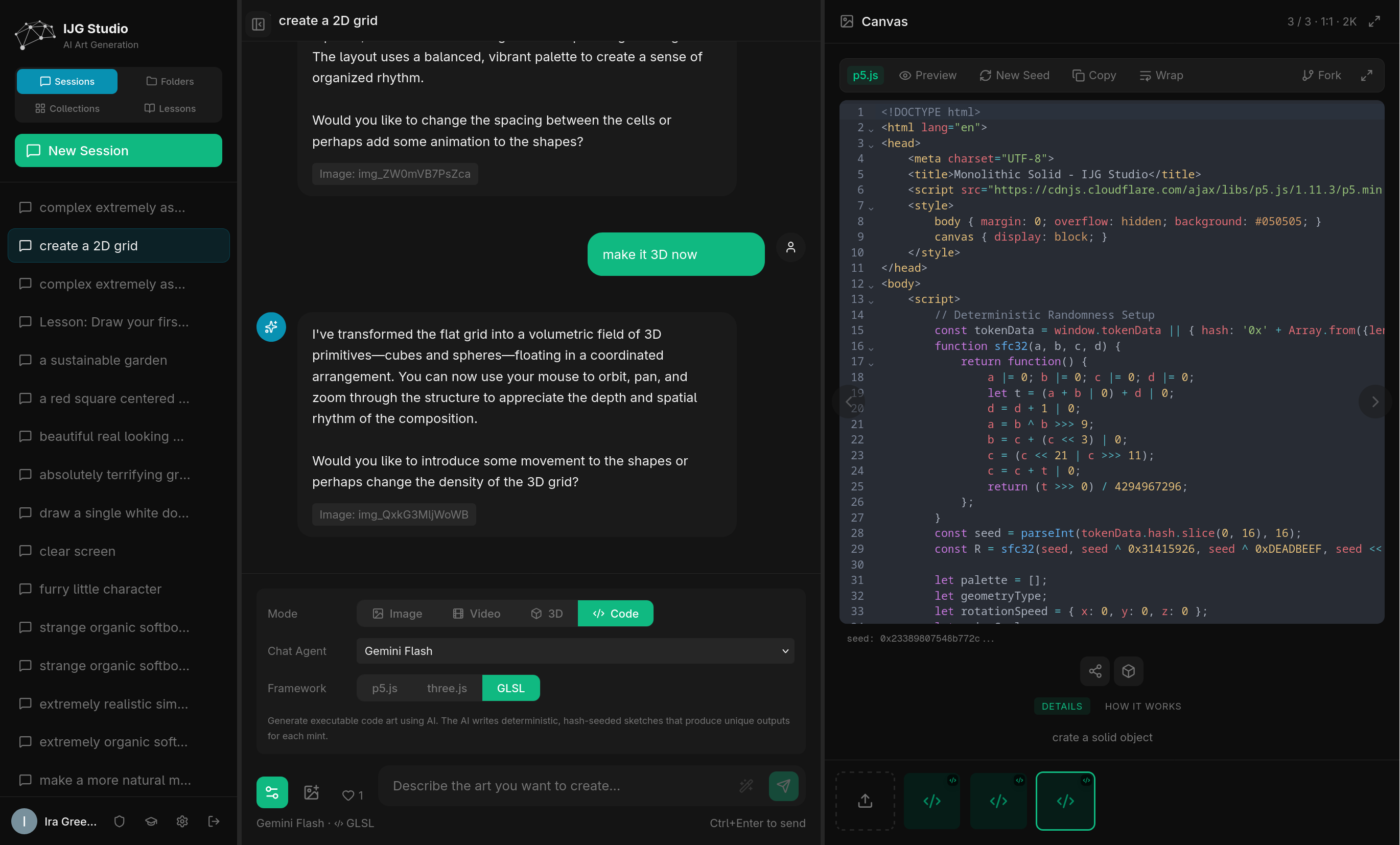 ij8 code editor view with p5.js source